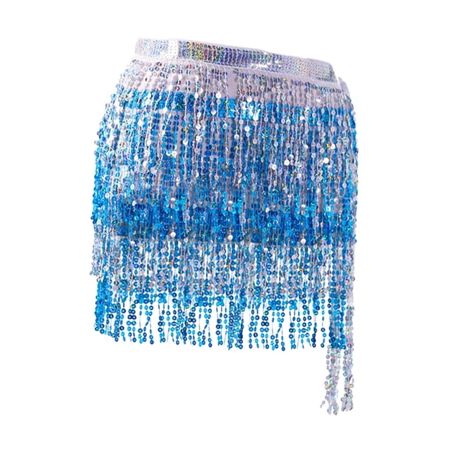 Jupe de Hanche de Danse du Ventre à Paillettes, Foulard à Franges pour Performance sur Scène, Rumba Samba et Bleu
