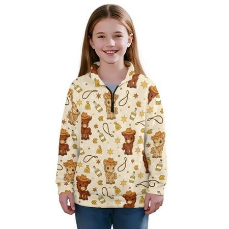 Chririnla Cartoon Western Horse Youth Girls Sports Sweatshirt Quarter Zip Up Pullover Athletic Top for Basketball Soccer Golf Gym Run Sportswear Size 13-14