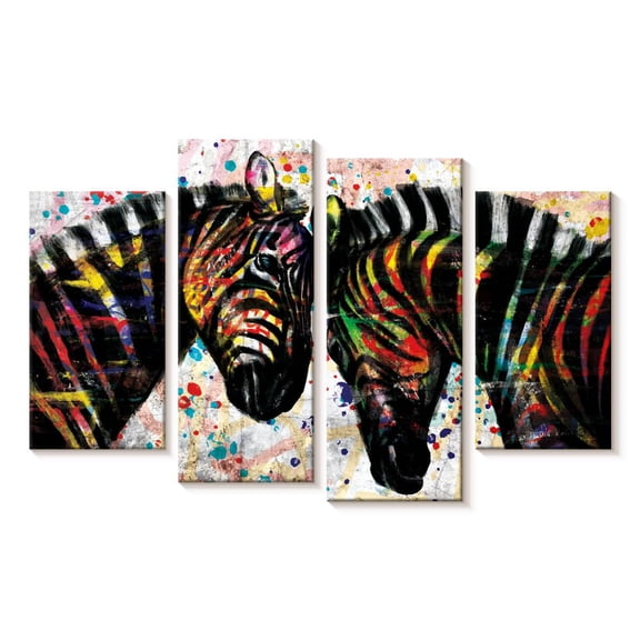Elephant Stock Paint Splash Zebras Wall Art - Horizontal Multi Panel Canvas - Living Room Wall Decor - Animal Multi Panel - Black And Red Decor - 24" x 14"
