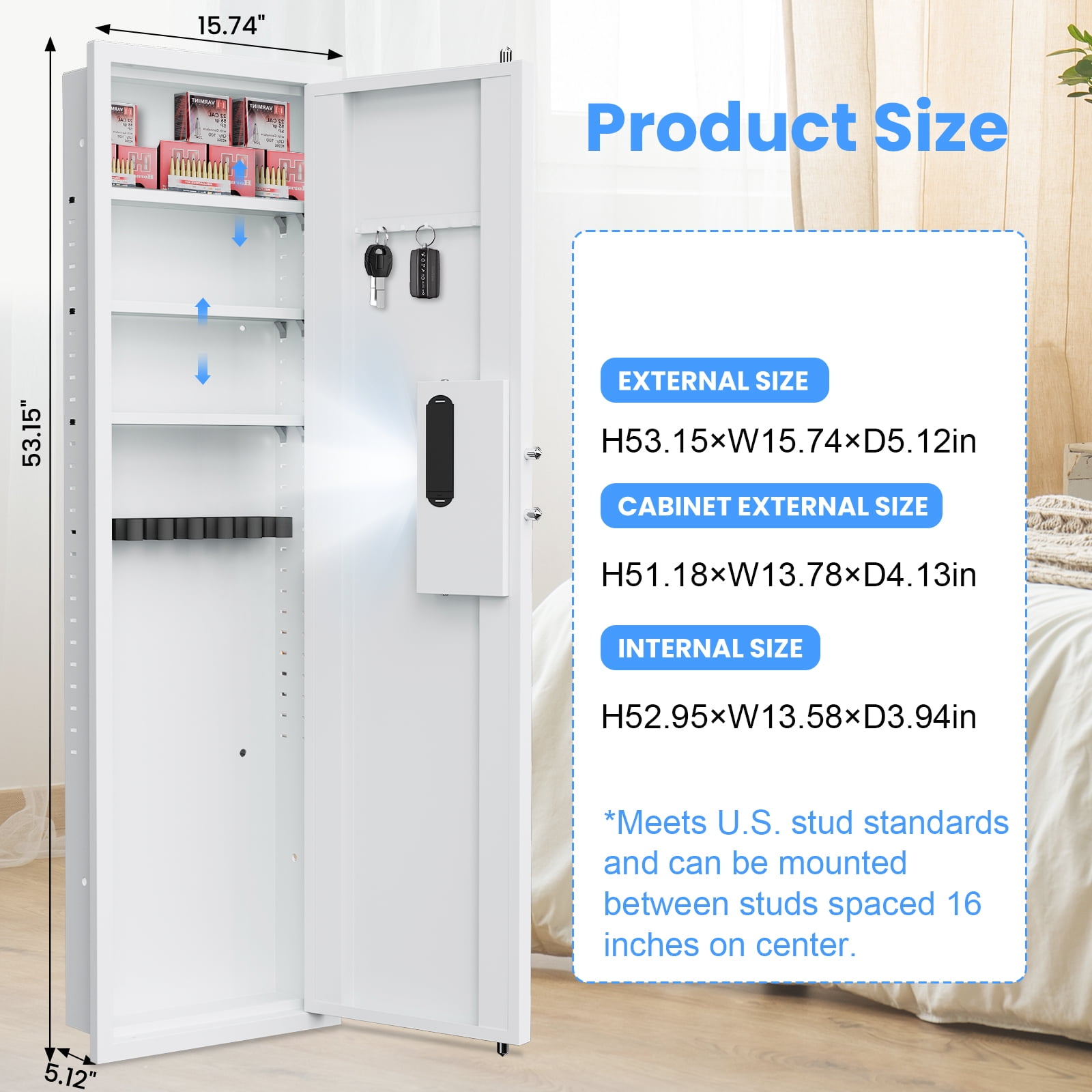 53.15" Wall Safe, Digital Wall Safe Between the Studs with Dual Alarm ＆ Mute Mode, Hidden Wall Safe with Adjustable Shelve, Magnetic Support & Key Hook