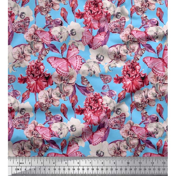 Soimoi Moss Georgette Fabric Butterfly & Orchids Floral Fabric Prints by Yard 42 Inch Wide