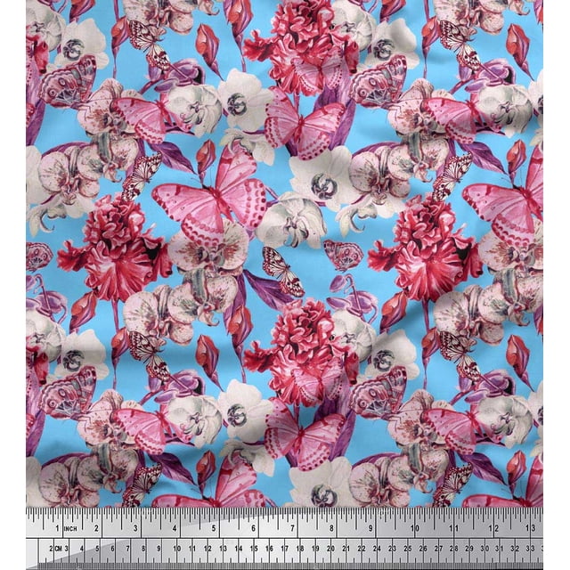 Soimoi Polyester Crepe Fabric Butterfly & Orchids Floral Print Fabric by The Yard 42 Inch Wide