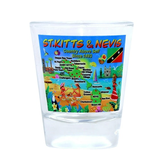 St. Kitts and Nevis Map and Attractions Collage Shot Glass