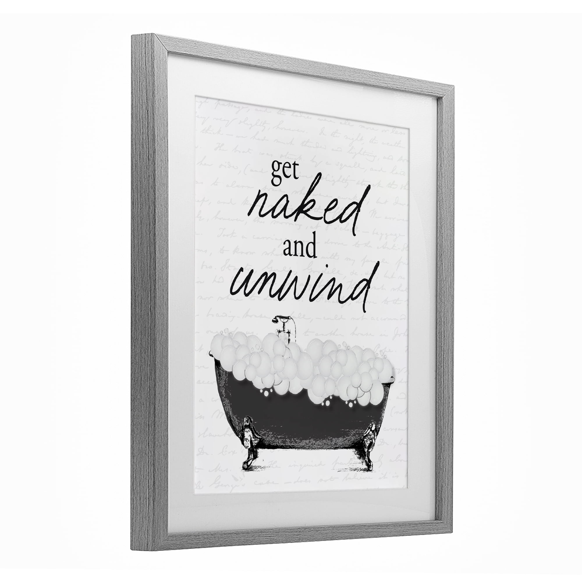 Unwind Bubble Bath Gray Framed Print Under Glass, design by Lettered and Lined