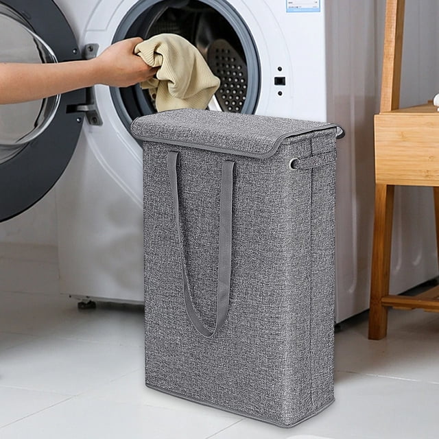 SuoKom Laundry Basket with Lid, Tall Thin Laundry Hamper with Handles, Lining Narrow Dirty Clothes Hamper for Bathroom Bedroom Dorm Organization Storage