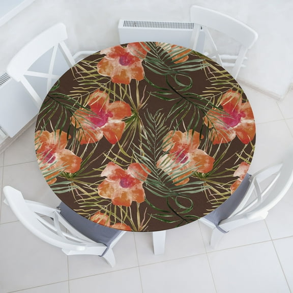Ambesonne Floral Boho Fitted Round Tablecloth, Art of Tropical Flowers, 56"- 60" Diameter, Pale Vermilion Jade Green
