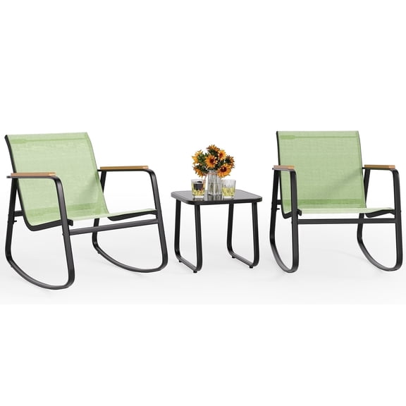 Noelse 3 Piece Patio Bistro Set with Rocking Chairs, Outdoor Textilene Table and Chairs for Small Patio, Balcony, Porch, Green