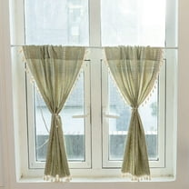 XmhyTop Boho Embroidered Kitchen Tier Curtains with Tassels Rod Pocket Farmhouse Linen Textured Cafe Half Window Curtain, 1 Panel (Green,24"x35")