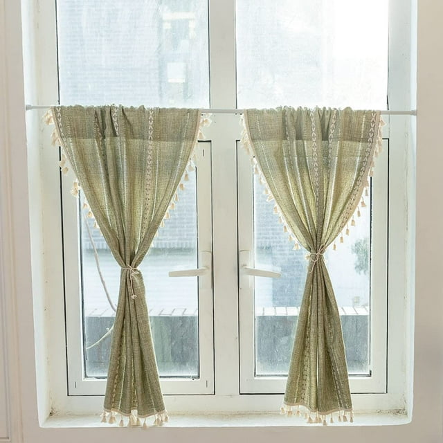 Nvzi Boho Embroidered Kitchen Tier Curtains with Tassels Rod Pocket Farmhouse Linen Textured Cafe Half Window Curtain, 1 Panel (Green,52x18)
