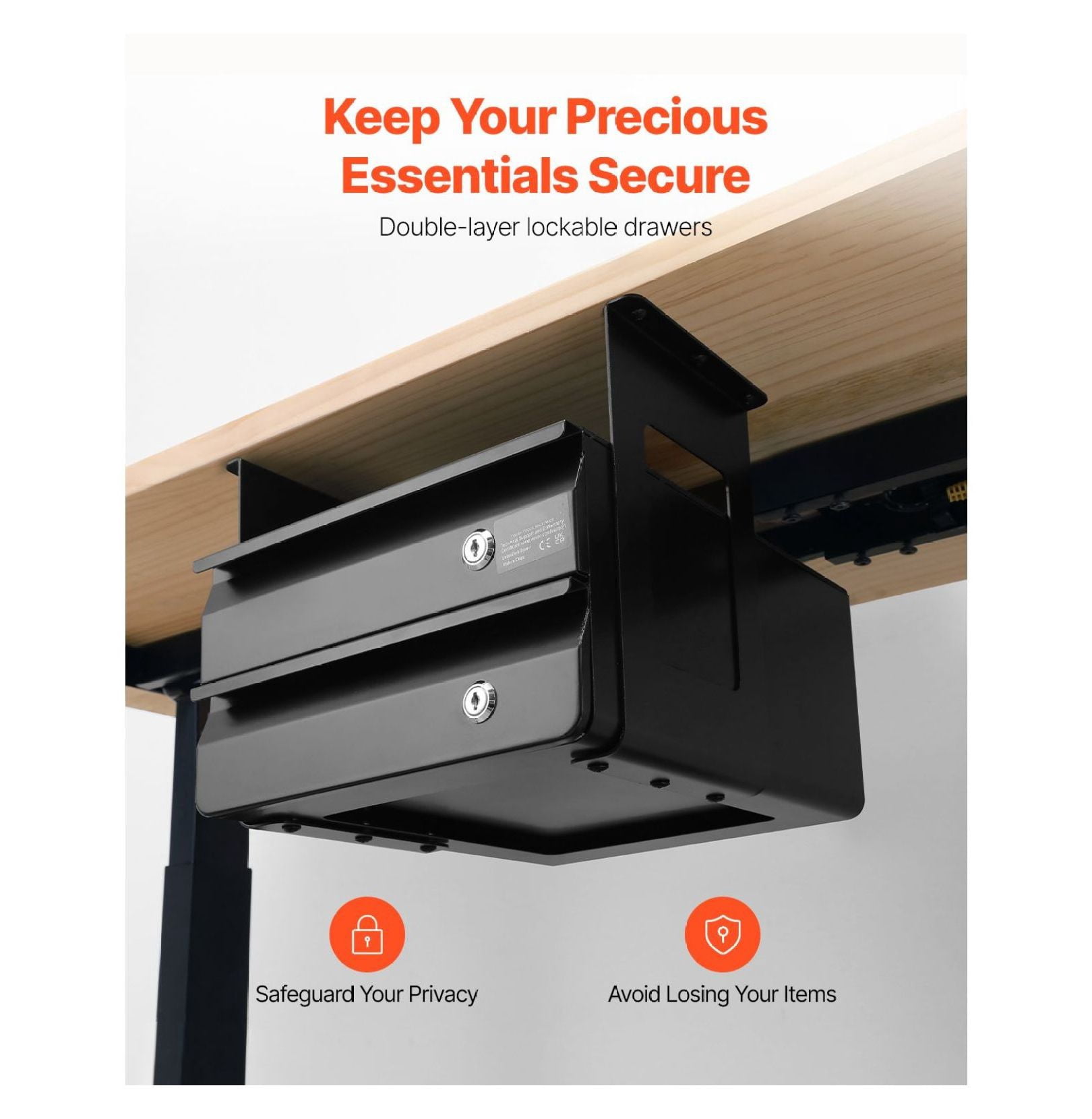 Under Desk Drawer, 13" Wide Slide Out Organizer, Lockable Hidden Storage, Undermount Pull-out Drawer for Desk, 2 Layer Desktop Organizer, Sit Stand Workstation