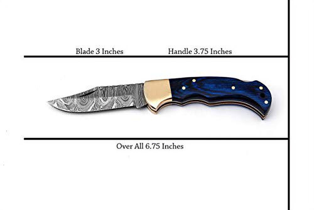 Handmade Damascus Steel Pocket Knife & Knife Sharpener - Damascus Folding Knife - Pocket Knife for Men, EDC Knife & Hunting Knife with Back Lock & Pakka Wood Handle with Leather Knife Sheath - image 4 of 9