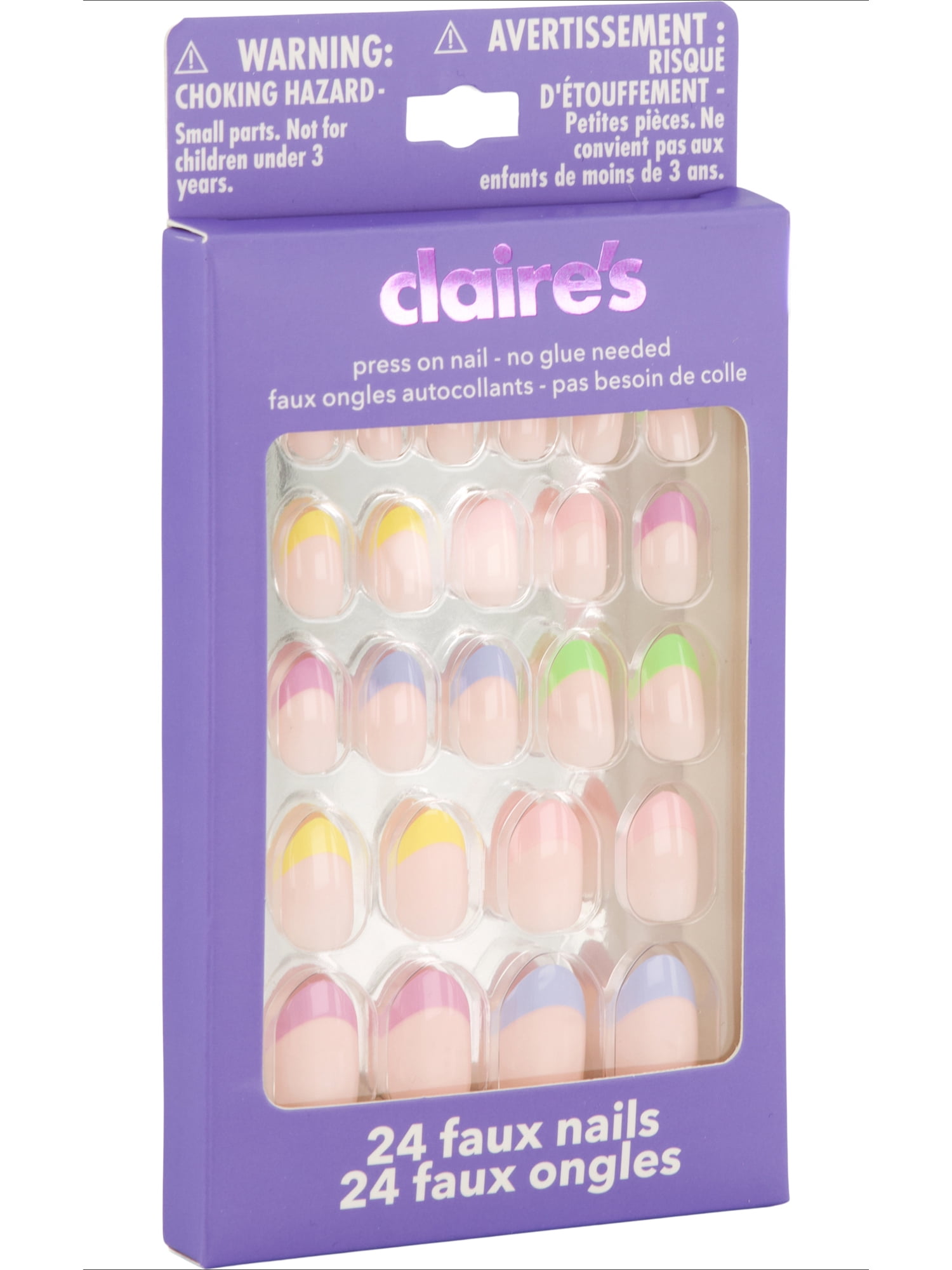 Claire's Tween Girls French Tip Pastel Rainbow Almond Shaped Press-on Nails, 24-Pack