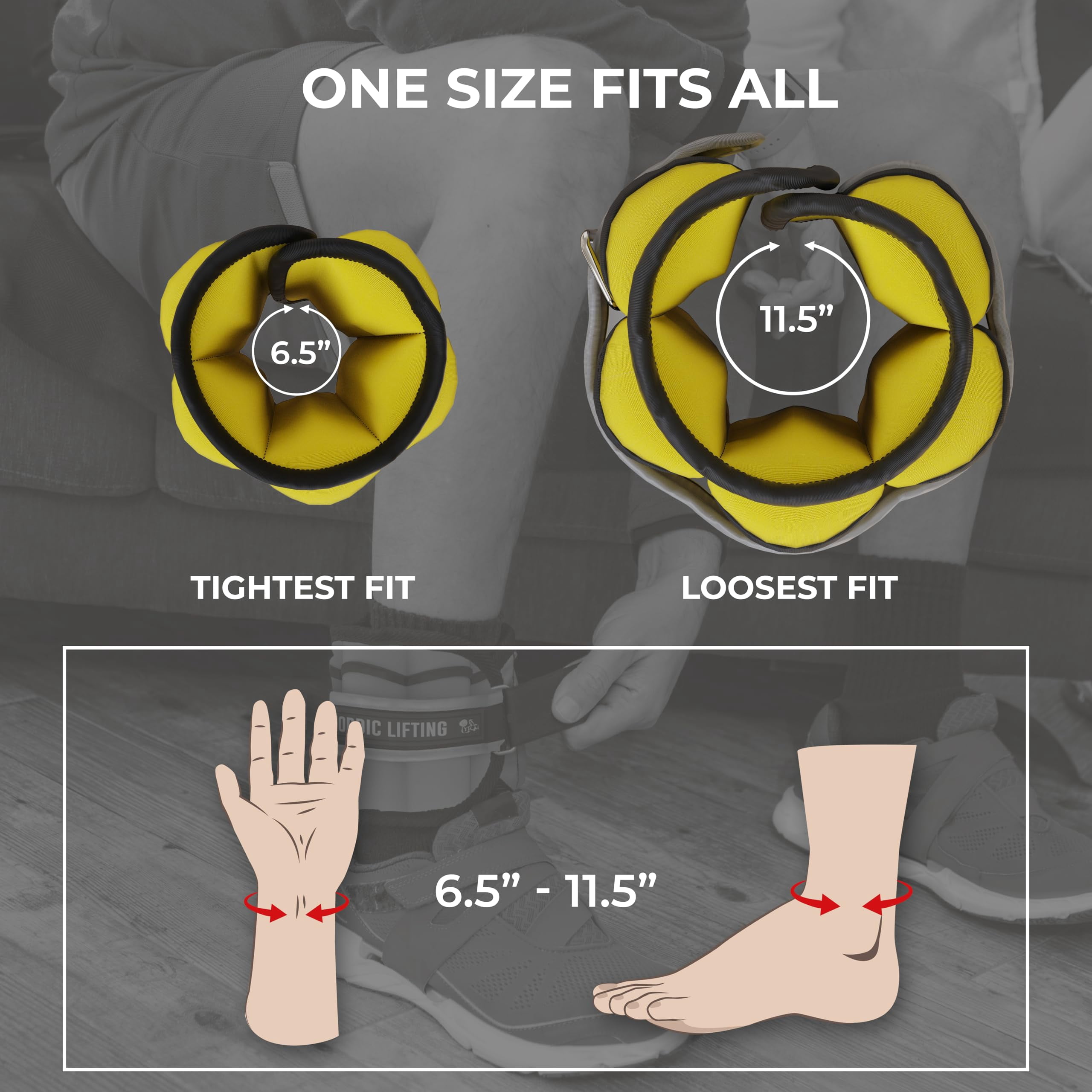 Nordic Lifting Adjustable Ankle Weights for Women and Men 2 4 6 8 10 Lbs, 1 Pair - Canary Yellow
