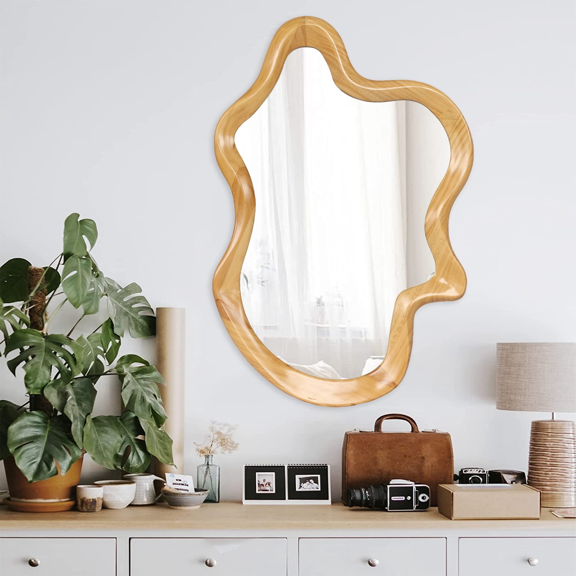 AENKYO Irregular Wall Mirror, Asymmetrical Wavy Wood Frame Decorative Mirror for Bedroom and Bathroom, Natural