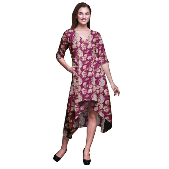 Bimba Cotton Pink Leaves & Carnation Floral Womens Asymmetrical Pocket Shift Dress Summer Party Midi Dress-Small