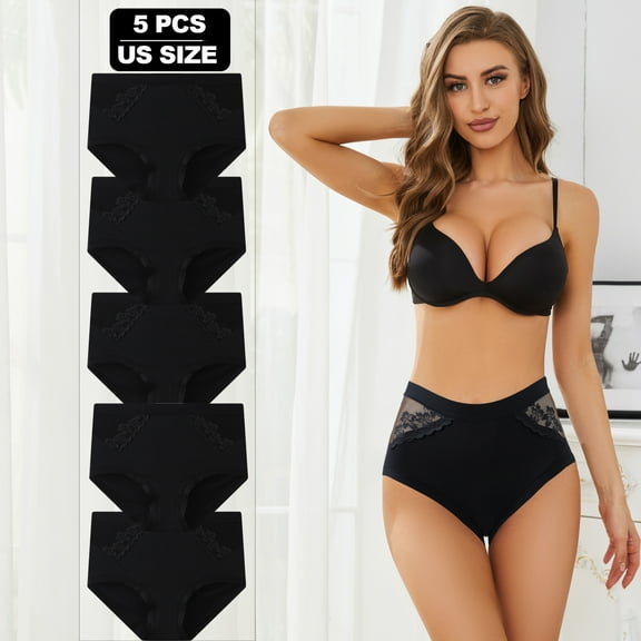 Womens Underwear Cotton Bikini Panties for Women High Waisted Lace Hipster Stretch Briefs for Ladies 5 Pack
