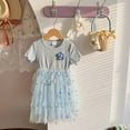thumbnail image 3 of JUoaLXG Toddler Girls Casual Dresses Summer Children Short Sleeve Flowers Print Mesh Dress Holiday Wear,Blue,3-4 Years, 3 of 4