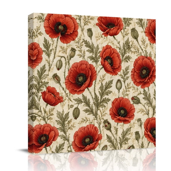 Canvas Wall Art, Red Poppy Floral Framed Canvas Prints for Living Room Bathroom, Vintage Botanical Flowers Gallery Wrapped Wall Decor for Home Office, Gifts, 12"x12" Ship Next Day