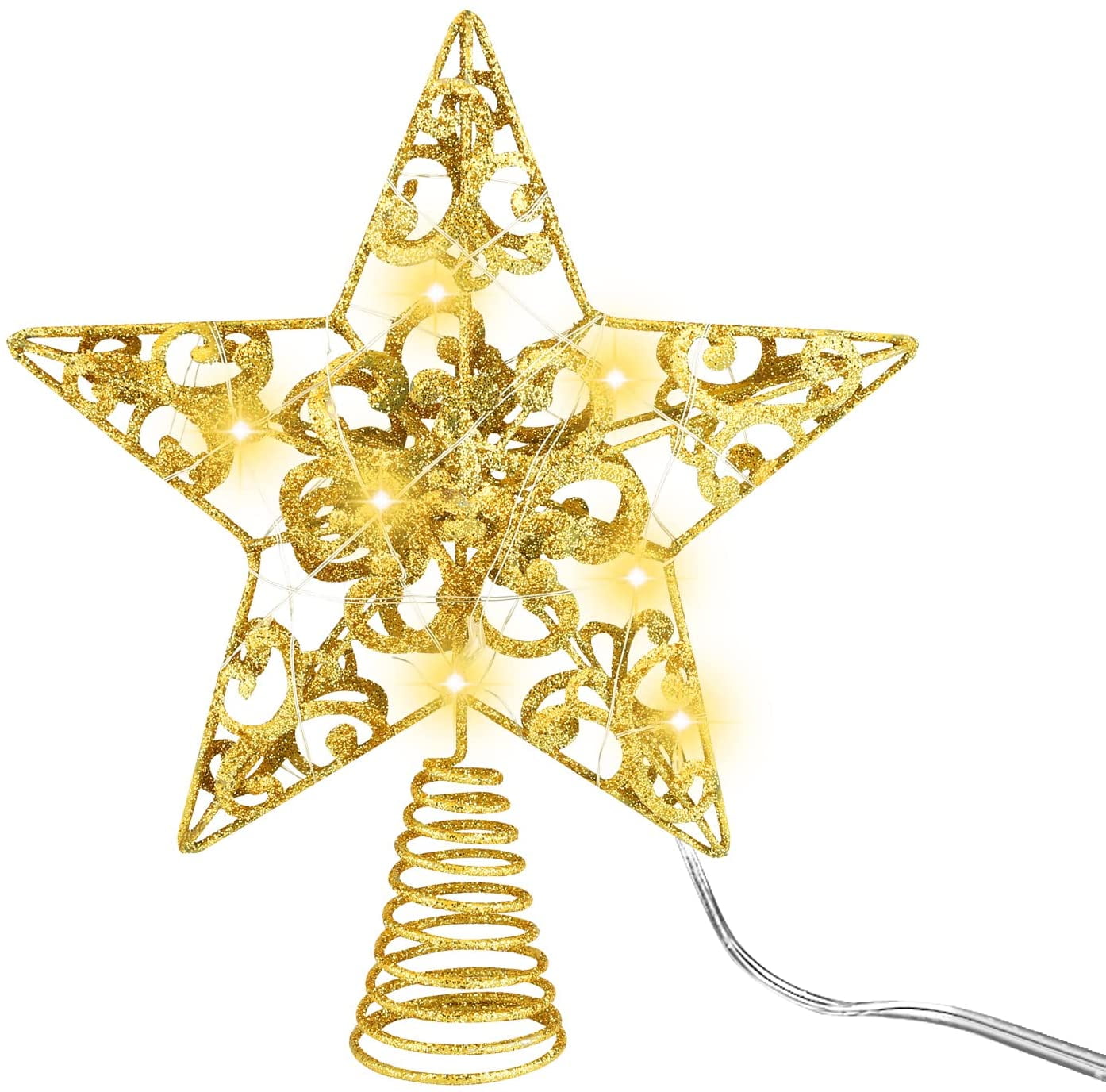 MCEAST Glittered Christmas Tree Topper with LED Lights 10 Inches Light Up Star Treetop for Indoor Outdoor Christmas Tree Decoration, Gold