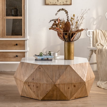 DeeHome 38"Three-dimensional Embossed Pattern Design American Retro Style Coffee Table,White Tabletop(Same SKU:W757P151417)