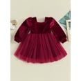 thumbnail image 2 of Bslissey Toddler Baby Girls Velvet Patchwork Dress Solid Color Long Puff Sleeve Puffy Tulle A-line Dress Infant Smocked Casual Princess Dress for Daily Party 9M-4T, 2 of 9