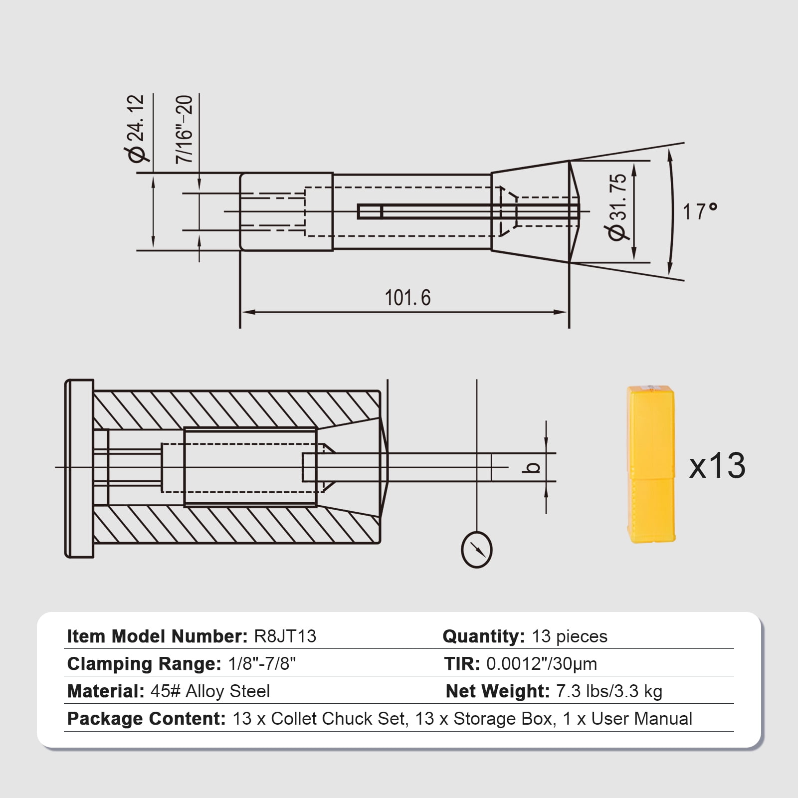 SKYSHALO 13-Piece R8 Collet Set, Sizes 1/8'' to 7/8'', Crafted from 45# Steel, Precision within 0.0012''/30μm TIR, Includes Labeled Storage Cases, Suitable for Milling Machines, Drill Presses