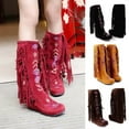 thumbnail image 4 of Knee High Boots for Women, Embroidered Fringe Faux Suede Booties Cowboy Winter Comfortable Warm Vintage Flat Heel Cowgirl Western Long Snow Tassel Boots, 4 of 5