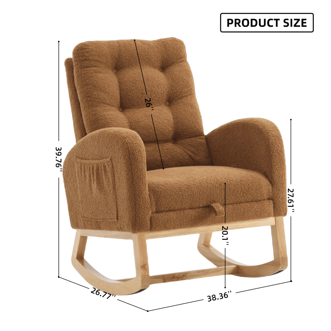 Nursery Rocking Chair with Footrest,Teddy Upholstered Rocking Chair with High Back and Side Pocket,Accent Armchair with Rubber Wood Legs for Living Room Bedroom,Caramel,38.36"Wx26.77"Lx39.76"H