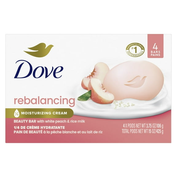 Dove Beauty Bar Women's Bath Soap Rebalancing White Peach & Rice Milk, 3.75 oz 4 Bars