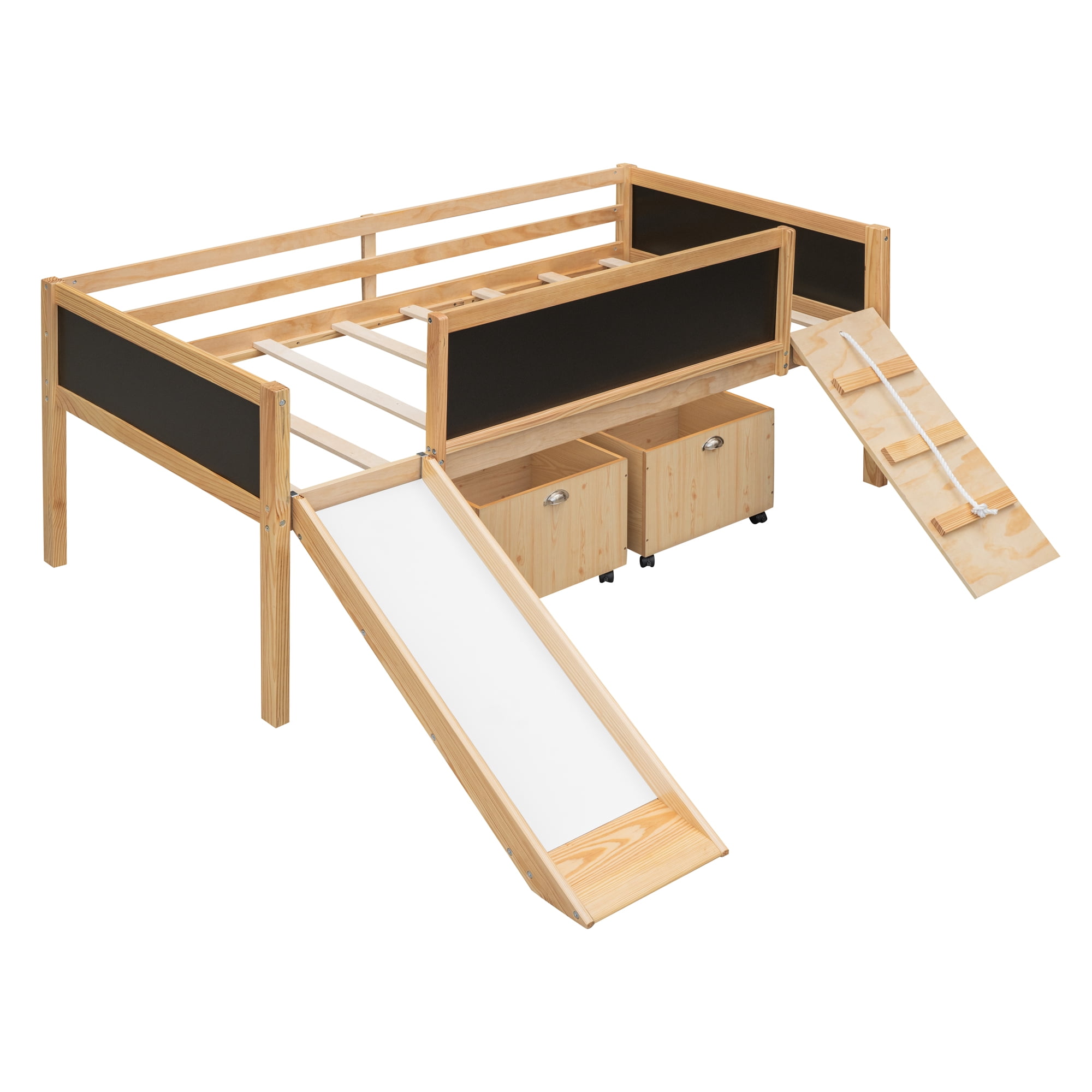Gewnee Twin Size Wood Loft Bed with Slide,Climbing Frame,Two Movable Drawers and Chalkboard for Kids,Natural