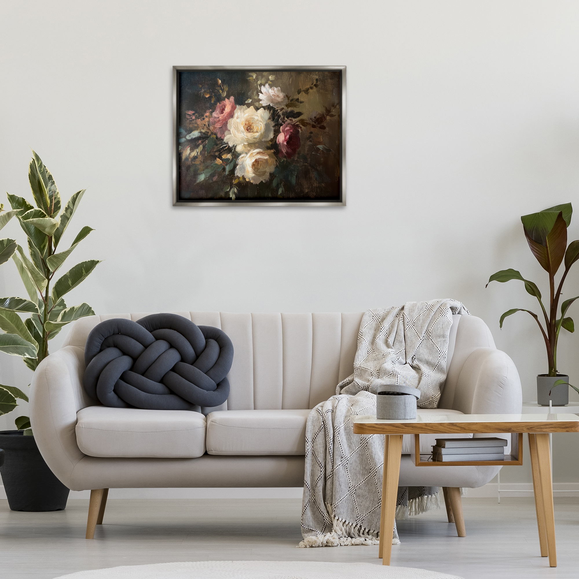 Stupell Industries Dark Still Life Roses Plants & Flowers Painting Gray Floater Framed Canvas Art Print Wall Art, 31 x 25