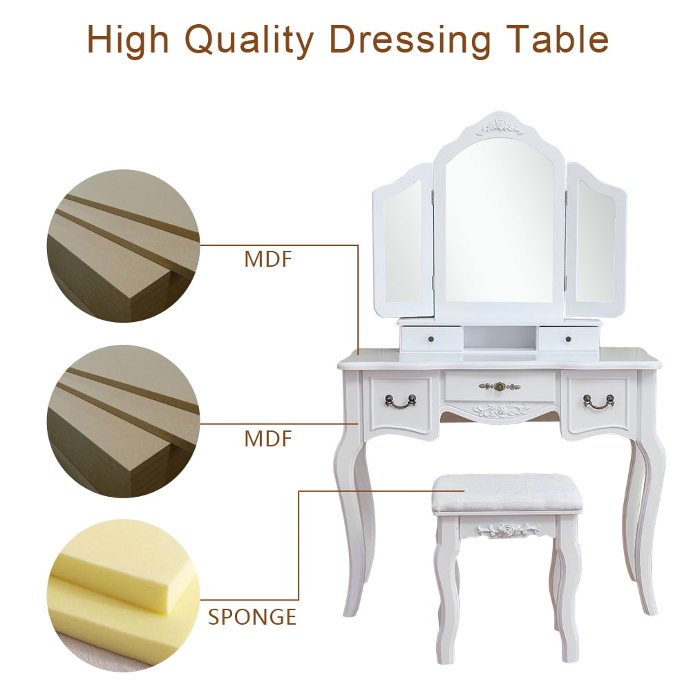Kepooman Vanity Table Set, Tri-fold Mirror Dresser Table with Dressing Stool, White Kepooman Vanity Table Set, Tri-fold Mirror Dresser Table with Dressing Stool, White