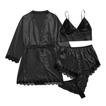 

Women s Satin Floral Lace Cami Top and Shorts Set with Robe Sexy Lingerie Pajama Sleepwear Loungewear Camisole Nightwear Pjs Set
