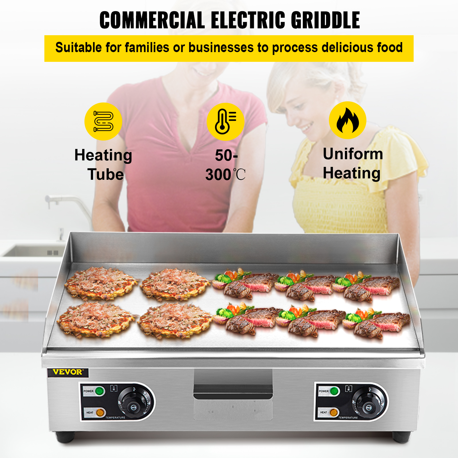 110V 3000W 22" Commercial Electric Countertop Griddle Stainless Steel BBQ Flat Top Grill Hot Plate, Adjustable Thermostatic Control 122°F-572°F, Sta - 3