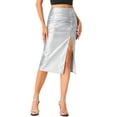 thumbnail image 1 of Falda de cuero sintético INSPIRE CHIC para mujeres, cintura alta, con abertura lateral, falda lápiz midi ajustada, S plateada, 1 of 1