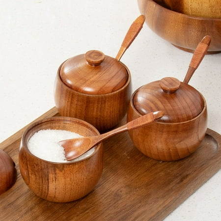 

WREA Wooden Spice Jar Multipurpose Seasoning Bowl Durable Lightweight Salt Box With Lid Wooden Spoon For Home Kitchen Restaurant