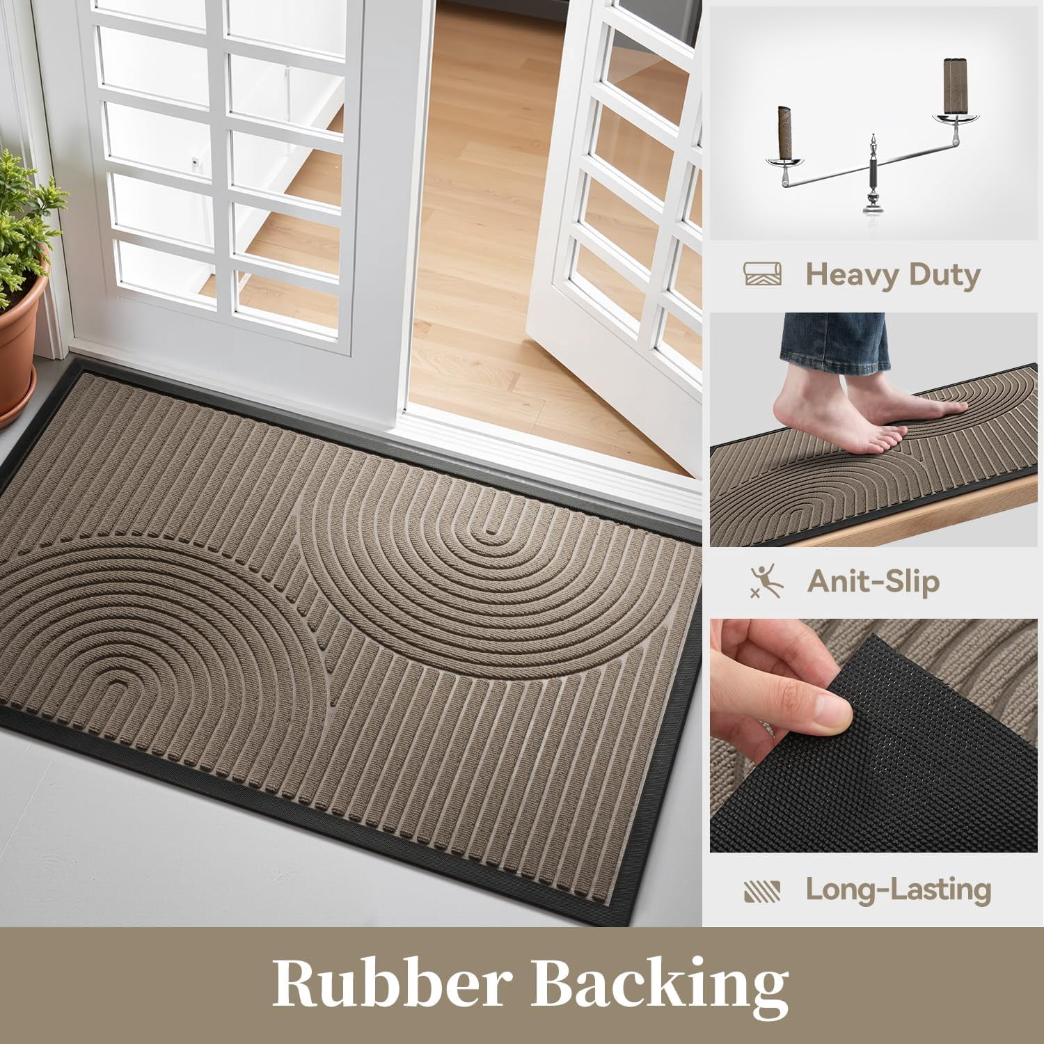 SIXHOME Outdoor Mat 24"x35" Non Slip Front Door Mat Outside Absorbent Rubber Welcome Mat Low Profile Dirt Trapper Indoor Outdoor Doormat Boho Arch Door Mat Outside Thick Entryway Rug Beige