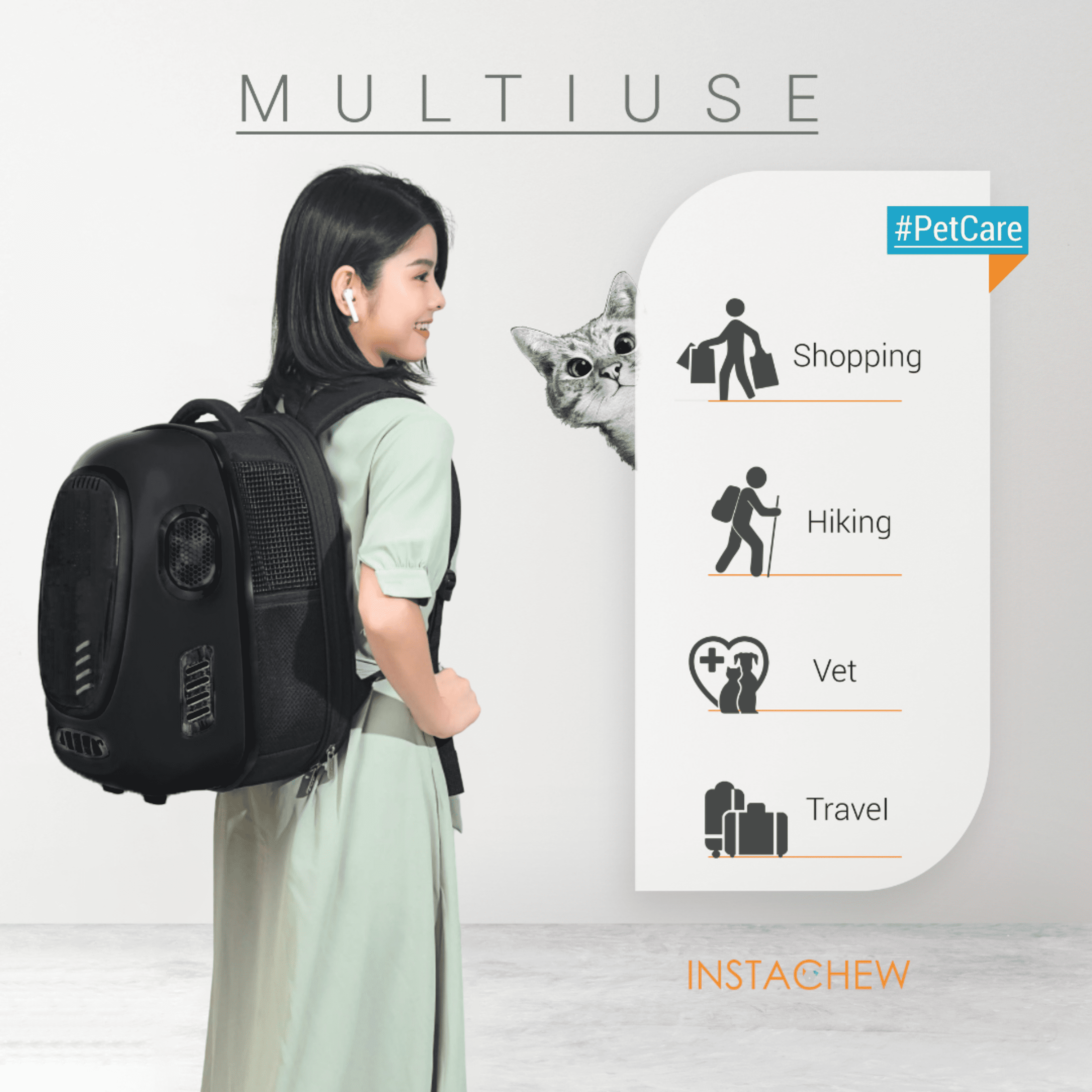 INSTACHEW Trekpod Smart Pet Carrier with Breathable Fan for Cats and Small Dogs for Walk Outdoors for Hike Up to 17lbs, Comfortable Ventilated Hard-Sided Cat Carrier Travel Backpack, App-Enabled,Black