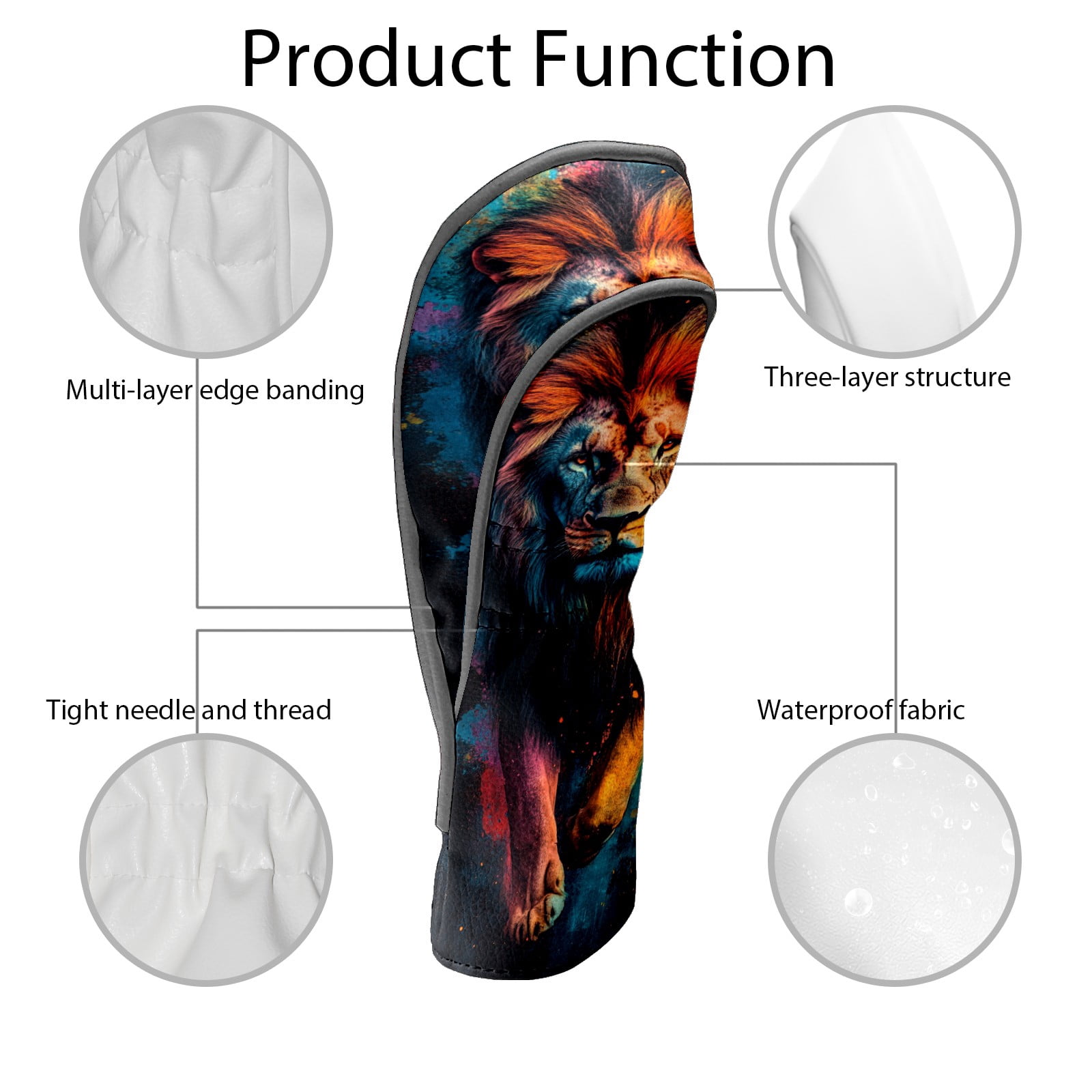 Golf Club Covers PU Leather Waterproof Head Covers for Fairway Woods Hybrids Ferocious Lion