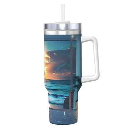 

Sikiie Ocean View Bedroom Insulated Stainless Water Bottle Lid Travel Mug Cup Insulated Tumblers Cup 40oz Ice Bully With Handle