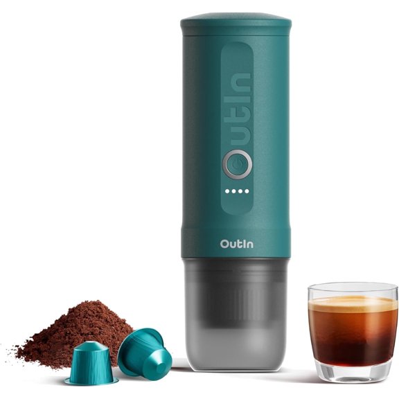 OutIn Nano Portable Electric Espresso Machine, Travel Coffee Maker for Camping, Car Coffee Maker Self-Heating with USB-C, With Ground Coffee & NS Capsule for RV, Hiking, Office