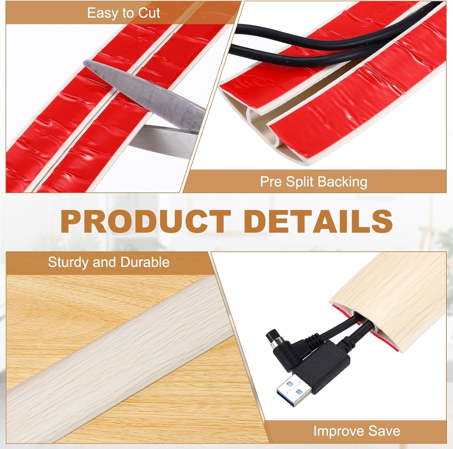 FEFEFW-Floor Cord Cover 4ft, Extension Cord Hider for Floor Cable Management Wire Covers Protector Prevent Cable Trips 0.47" W x 0.24" H, Mist Brown