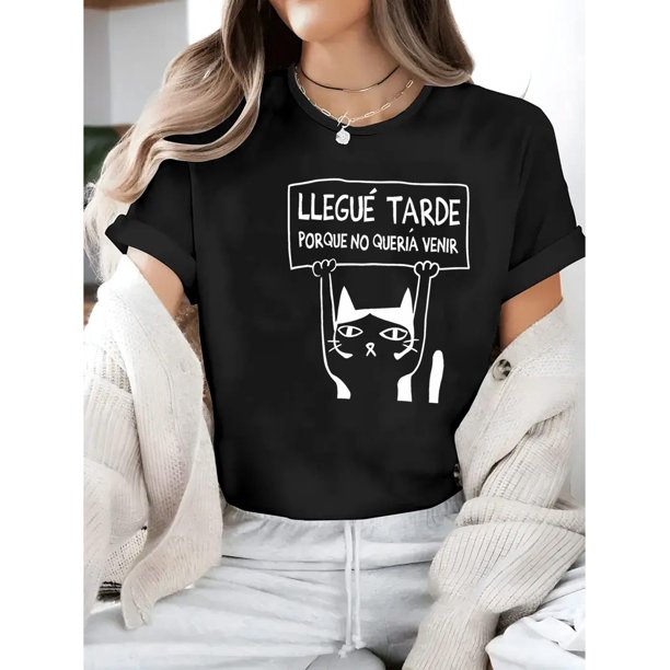 Women's "Llegue Tarde" Cat Protest Graphic Tee - Casual Short Sleeve, Round Neck, Stretch Cotton, Machine Washable, Gray with Black Print