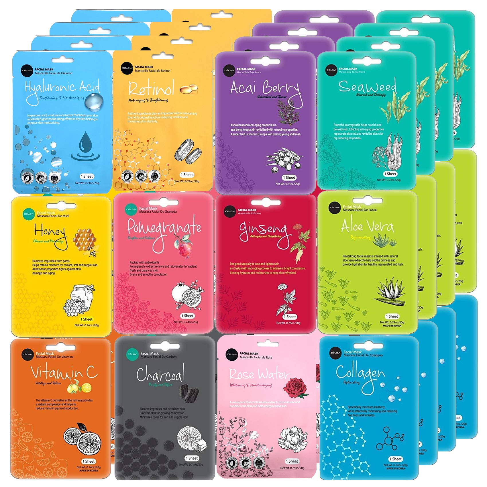 Celavi Face Mask Set Korean Beauty Essence Facial Paper Sheet Mask