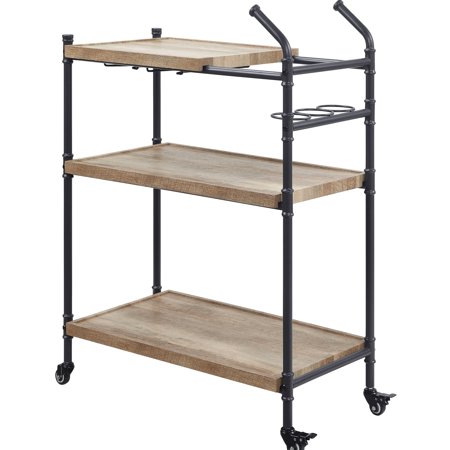 2-shelf Rustic Industrial Serving Cart - Oak And Sandy Black Convenient Stemware Lockable Wheels Generous Storage Spacious Area