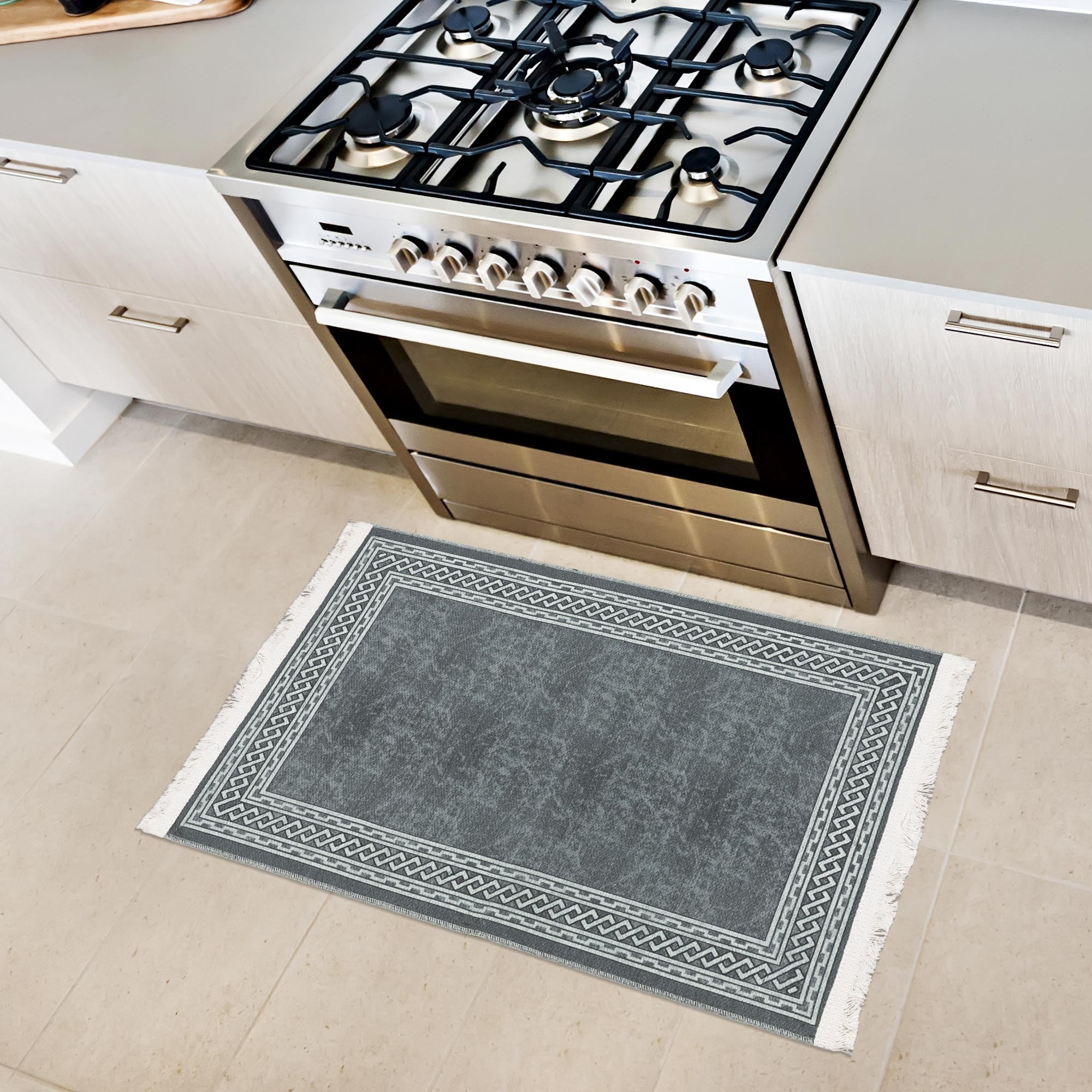 Ottomanson Machine Washable Cotton 2x3 Flatweave Area Rug for Entryway, 2' x 3', Ash Gray Border