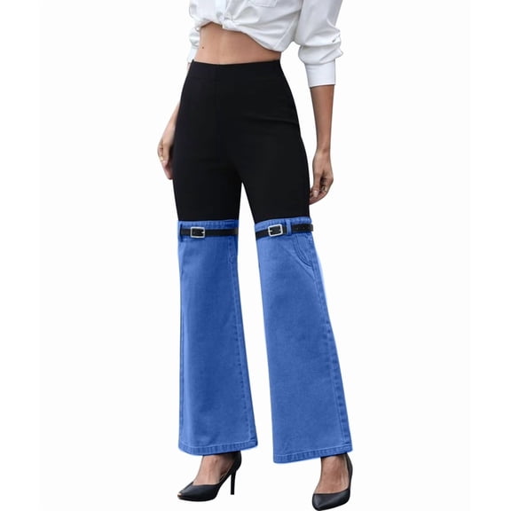 Cargo Pants for Women Stretch High Waisted Straight Wide Leg Jean Casual Baggy Pants Dark Blue S