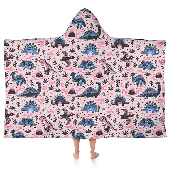 Pink Dinosaurs Plants Pattern Hooded Bath Towel，50"x30" for Ages 3 To 12 Kids, Quick Dry Lightweight Soft Microfiber Hood Beach Towel Cover Up for Kids