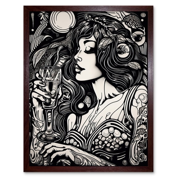 Woman Drinking Wine Black and White Illustration Art Print Framed Poster Wall Decor 12x16 inch