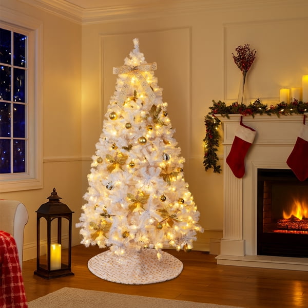 7.5FT White Pre-Lit Christmas Tree - 1600 PVC Branch Tips 400 Warm White LEDs Bow/Golden Flower Ornaments Easy Setup for Home